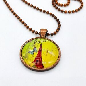 Paris Emblem Necklace with Dog Tag Motif and Chain Copper Color 12" Chain